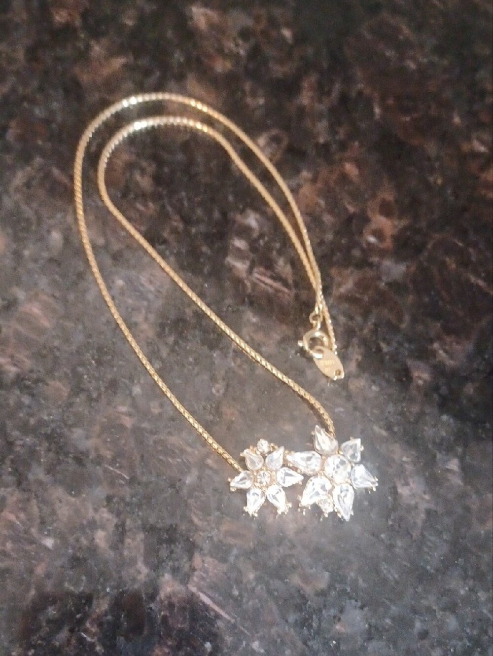 Vintage Trifari Gold Tone Clear Rhinestone Double Flower Poinsettia 17" Necklace
